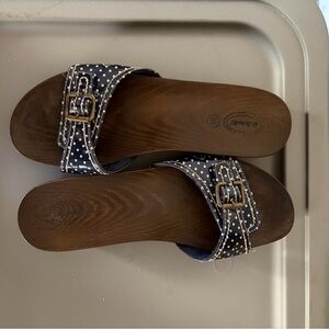 Dr. Scholl's Navy Polka Dot Buckle Slide Sandals with Brown Footbed